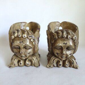 VINTAGE 6” GOTHIC WINGED ANGEL PUTTI CUPID GARGOYLE CANDLE HOLDER SET
